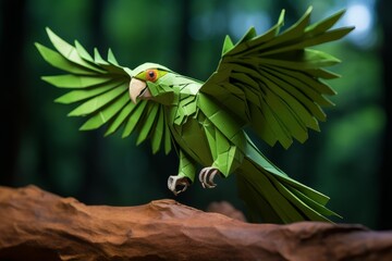 Poster - Green origami parrot with open wings landing on a branch, showcasing the delicate art of paper folding
