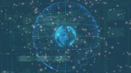 Poster - Wireframe globe emerging at startup, scattering data nodes and rotating rings visualizing dashboard