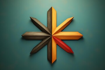 Poster - Colorful wooden slats forming an eight pointed star against a teal background, creating a visually appealing abstract design