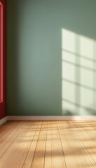 Poster - Minimalist Sunlight Interior Tranquil Sage Green Wall, Light Wood Parquet, Modern Decor Elements