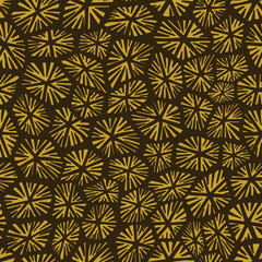 Yellow starburst pattern radiates across brown background with bold symmetrical geometric design