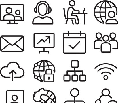 Collection of 18 simple black outline icons for business and technology