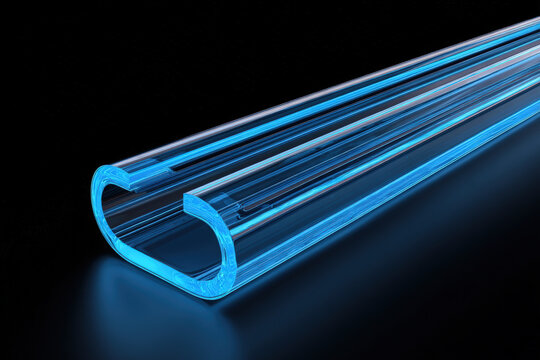 A futuristic, abstract rendering featuring a glowing, transparent object on a black surface with curves and light.