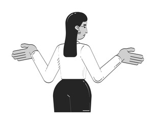 Poster - Middle eastern businesswoman gesturing uncertainty from behind doodle linear character. Corporate turkish female shrugging 2D vector outline person isolated. Hand drawn drawing illustration monochrome