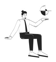  - Corporate data analyst sitting and holding pie chart doodle linear character. Business man presenting segmented piechart 2D vector outline person isolated. Hand drawn drawing illustration monochrome