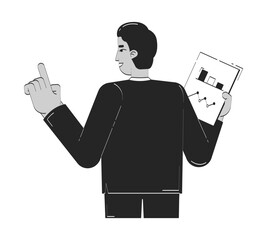  - Indian businessman holding business chart document doodle linear character. South asian professional explaining report 2D vector outline person isolated. Hand drawn drawing illustration monochrome