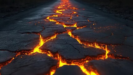 Wall Mural - Cracked volcanic lava glowing bright orange and yellow light with dark rocky surface creating dramatic intense natural scene of molten earth rock fiery glowing fissures and molten light