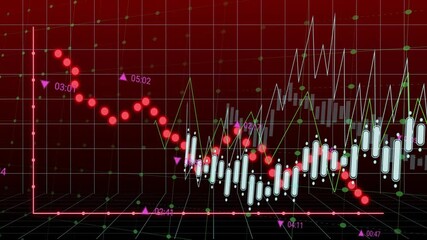 Poster - Start initiating red markers descending 3D grid while white candles fluctuating for market analysis
