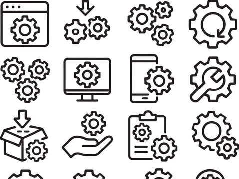 Black outline gear icons on white background cogwheel