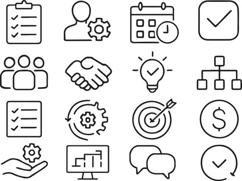 Business and finance icons with checklist and handshake