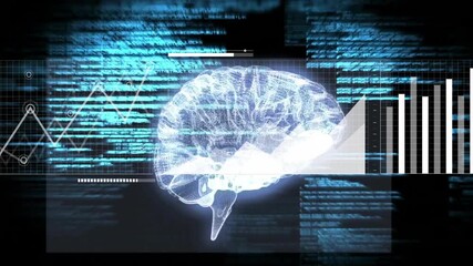 Poster - On start showing 3D wireframe brain rotating with dots marking areas and charts animating data view