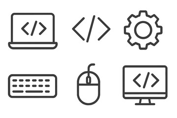 Fototapete - Symbols and tools representing coding and programming in a modern digital workspace setup