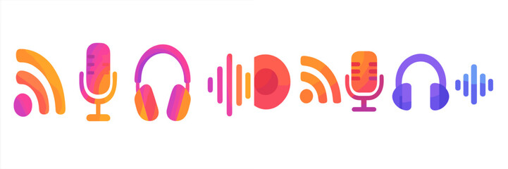 Poster - Colorful podcast and audio icons representing various audio elements and equipment for digital media production