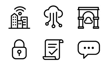 Poster - Icons representing urban technology, security, and communication in a modern city environment