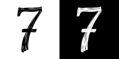 Poster - Isolated vector image of a pencil drawing number 7, two design variants - on transparent and black background, chalk inscription
