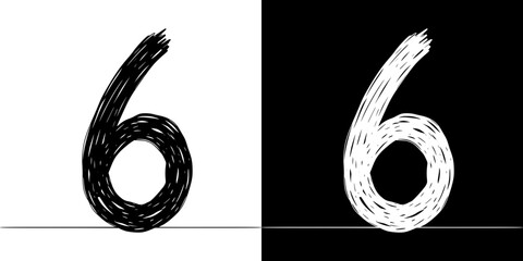 Poster - Pencil drawing of the number 6 six, isolated vector image, two design variants - on transparent and black background, chalk inscription