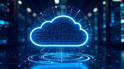 Poster - Blue, glowing cloud in server room