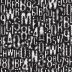 Poster - seamless pattern with a font consisting of dots. On the theme of matrix print, computer games, digital technology, pixels. A set of letters and numbers of an  alphabet. wallpaper. No AI used