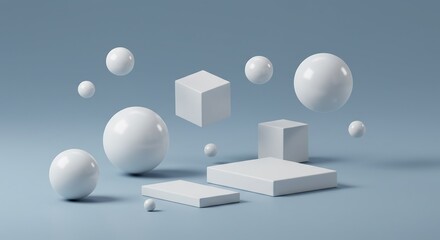 Poster - Minimalist 3D Composition: White Spheres, Cubes, and Rectangles on Blue Background