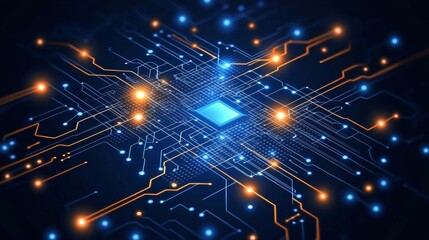 Poster - Futuristic Microchip Circuitry with Cyan and Orange Glow Paths Illuminating Technology Concepts