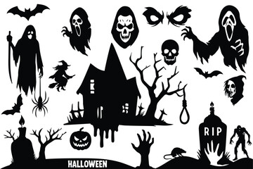 Halloween silhouette set. Bats silhouettes and line art vector icon set collection .set of halloween zombie hands silhouette vector. Spooky Halloween Silhouette Set for Design Projects eps 10