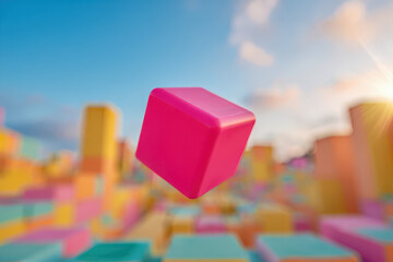 Fototapete - A pink cube floating in the air with a colorful blurred background and a bright blue sky above it