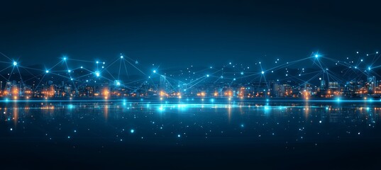 Poster - Futuristic Abstract Cityscape with Illuminated Network Connections and Digital Communication Signals