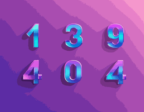 3D holographic numbers set. Purple and blue iridescent glass or metallic 0, 1, 2, 3, 4, 5, 6, 7, 8, and 9 with realistic shadow on gradient background. Vector illustration