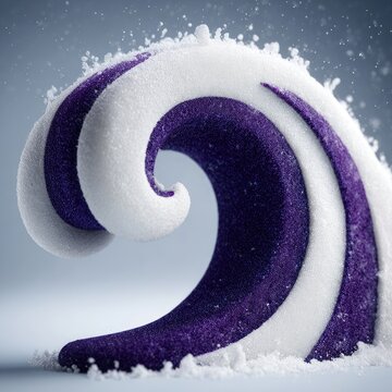 A stylized, swirling wave rendered in deep purple and white, dusted with simulated snow, set against a muted gray backdrop