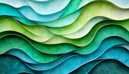 Poster - Mesmerizing Layers of Teal and Green Paper Create Fluid Wave Patterns in Dynamic Art Design