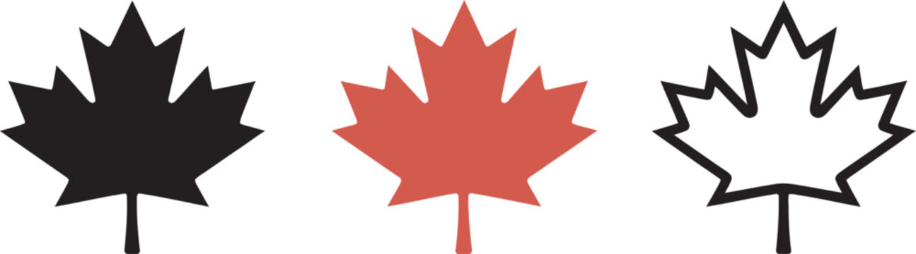 Minimalist illustration features a black, red, and outline version of a Canadian maple leaf set against a clean white background.