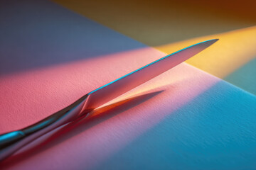 Aufkleber - Single thin metal blade casting long shadow on soft pastel surface, illuminated by colorful light, creating dramatic and modern abstract composition