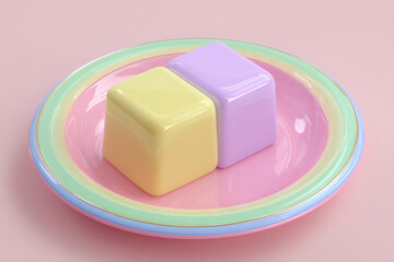Aufkleber - Pastel plate with two glossy cubes, one yellow and one purple, on pink background, creating playful and minimalistic mood with soft colors and smooth surfaces