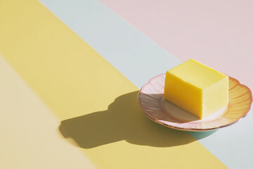 Aufkleber - Block of yellow butter on pink plate with pastel background minimal style soft shadow bright light food concept dairy product geometric shape modern aesthetic simplicity cheerful mood
