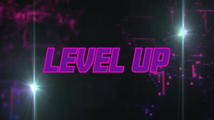 Poster - Vertical streaks initiating glitch shapes assembling neon LEVEL UP text on grid signaling progress