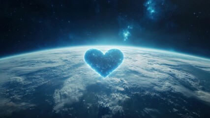 Wall Mural - Glowing heart floats above Earth outer space, radiating love, hope, and unity with cosmic blue atmosphere dreamy, romantic, and fantasy universe inspires peaceful, surreal, futuristic emotion