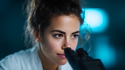 Poster - Focused female scientist examining samples under a microscope in a laboratory setting