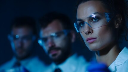 Poster - A team of scientists conducting a chemical experiment in a lab environment  long title A group of focused and serious looking scientists