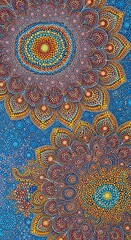 Poster - Detailed dot painting featuring intricate floral motifs with vibrant color palettes and blue