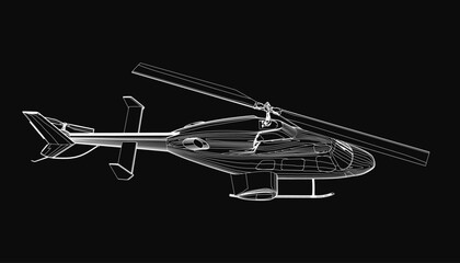 Poster - Helicopter contour drawing in black and white with detailed rotors, engines, and tail rotor. The stark black background emphasizes the clean white outline. Perfect for aviation themes.
