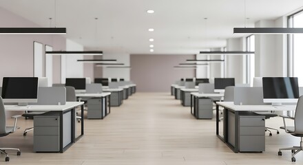 Poster - Modern and Minimalist Office Interior with Rows of Desks and Computers in a Clean Workspace