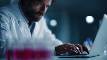 Poster - Scientist analyzing data on laptop in laboratory setting