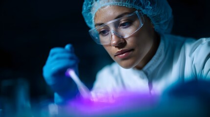 Poster - Focused researcher pipetting liquid in a biotechnology lab