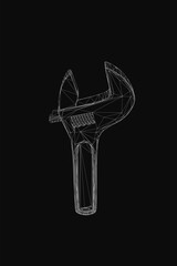 Fototapete - A black and white wireframe wrench stands out against a dark background, showcasing adjustable mechanics. The clean vector illustration highlights precise engineering details with minimalist style.