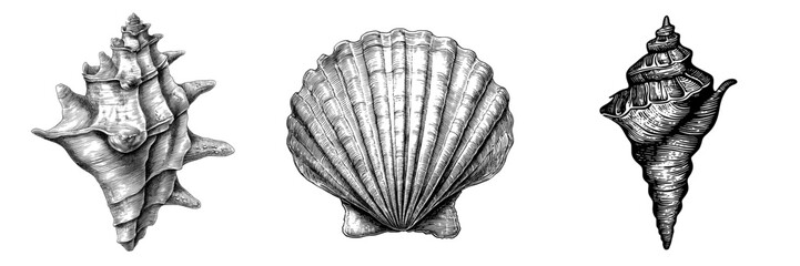 Poster - Ink line art sketch featuring a modern isolated monochrome silhouette of a black and white sea shell seashell