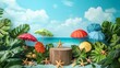 © pariimage - 5.A creative summer-themed advertising banner featuring a wooden pedestal surrounded by lush green foliage, colorful beach umbrellas, and scattered starfish. The backdrop includes soft clouds