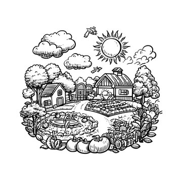Farm field landscape illustration in modern black and white graphic art style