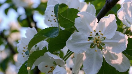 Wall Mural - Ultra high definition macro footage showcasing white apple tree blossoms covered in morning dew gently swaying in the breeze offering a stunning spring garden scene full of freshness and delicate