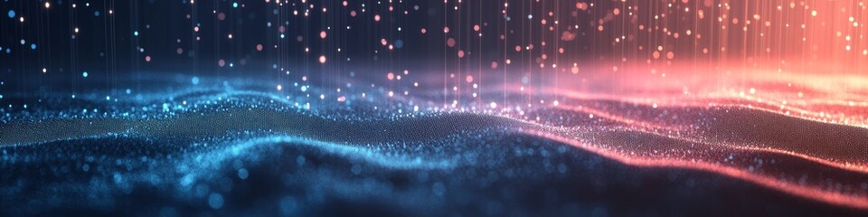 Poster - Futuristic Digital Data Stream with Glowing Dots and Wavy Lines Representing AI Neural Networks