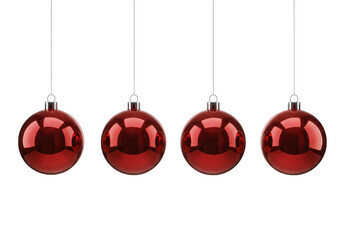 Wall Mural - Four shiny red christmas ornaments hang in a row, isolated on a transparent background